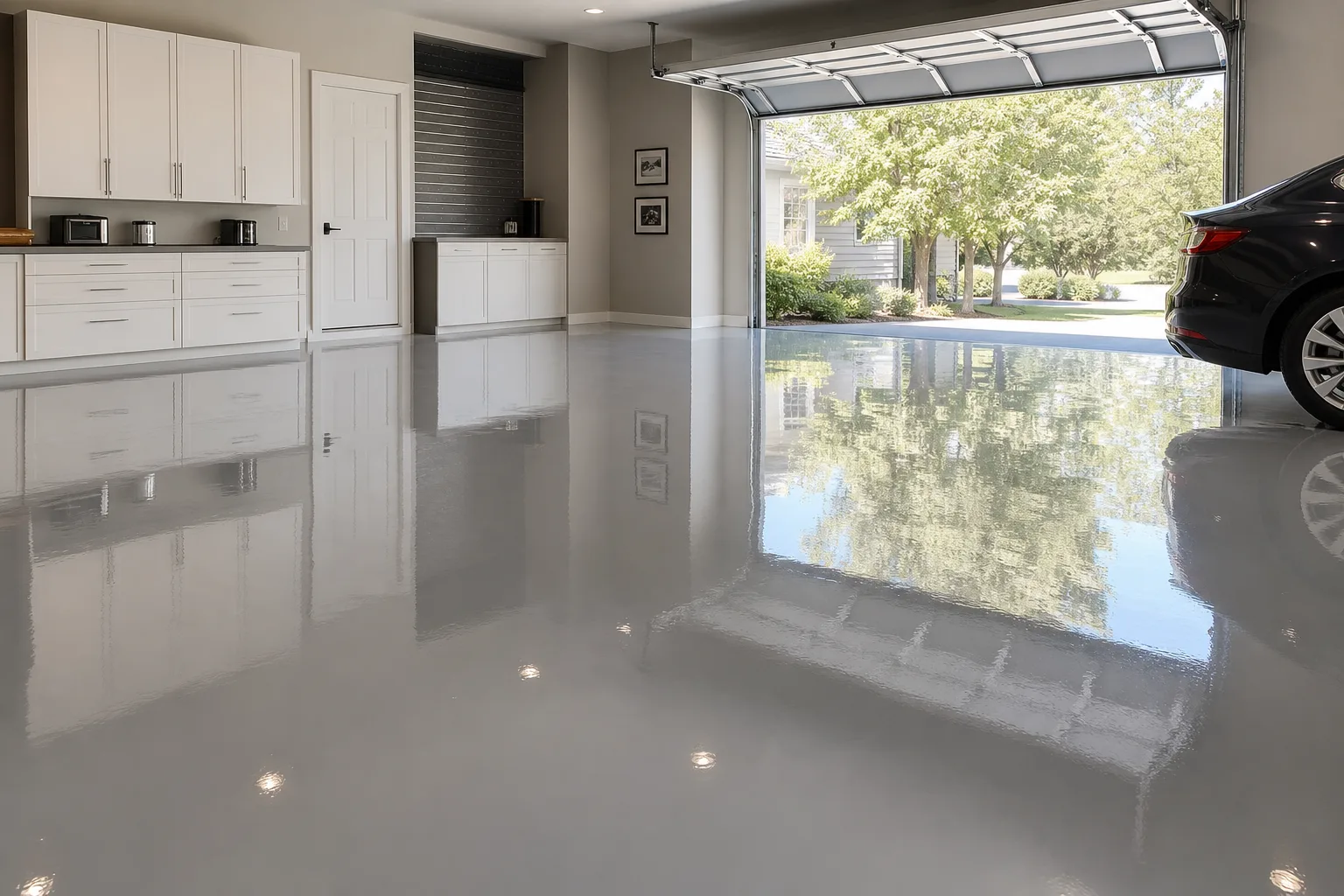 Finished high-gloss gray epoxy coated residential garage floor