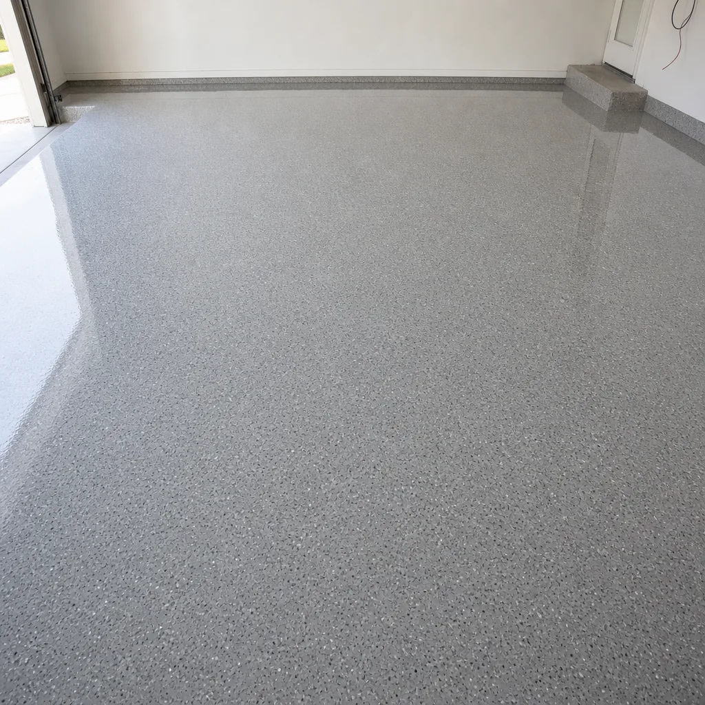 Glossy gray epoxy coated garage floor after coating